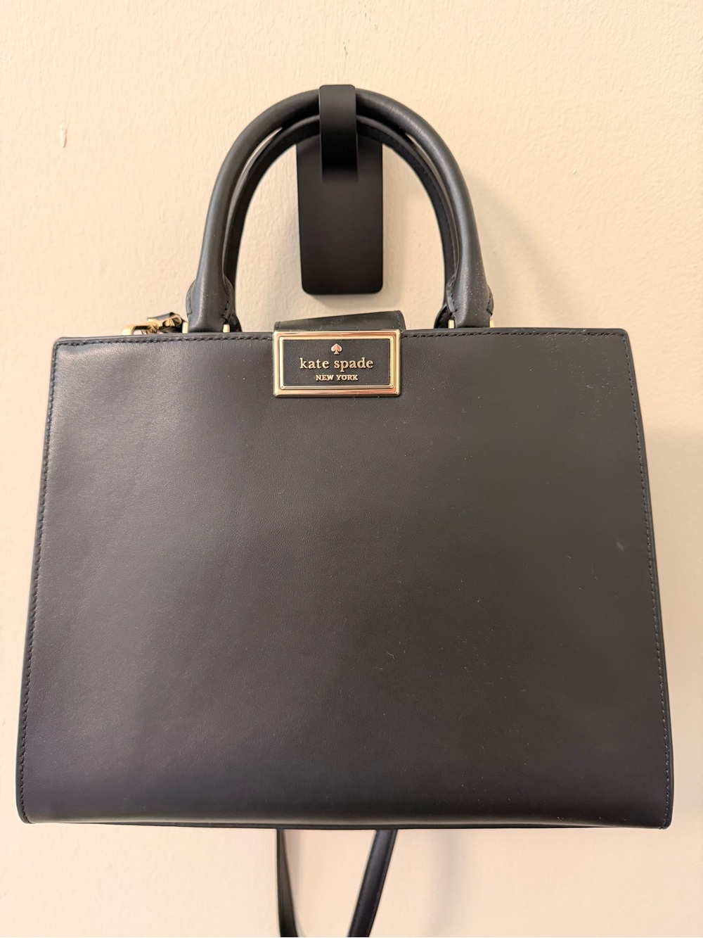 kate spade Black Leather Structured Satchel with Gold Plaque